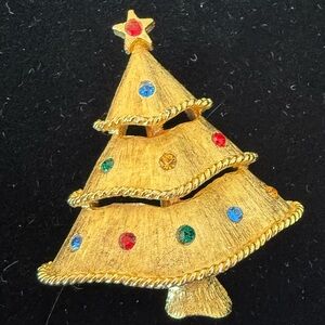 Gold Christmas Tree Brooch with Colorful Gems
